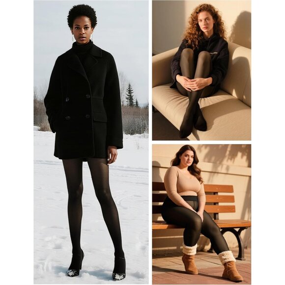 Women Black 2 Pairs Fleece Lined Tights Ultra Warm Fake Sheer Pantyhose Leggings - Picture 8 of 8